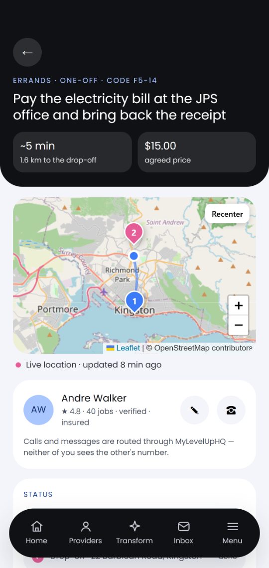Live tracking screen showing the provider on a map of Kingston
